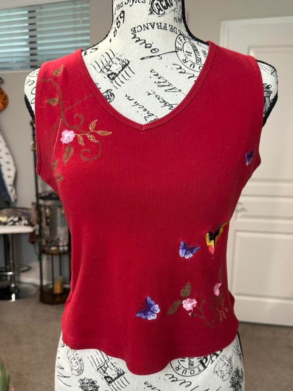 adorable red tank with floral and butterfly embroidery